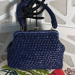 Vintage Navy Raffia Top-Handle Women's Bag